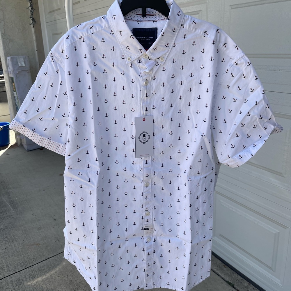 Denim and Flower White button Up with Anchors